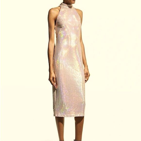 NWT SHO BY TADASHI SHOJI Blush Metallic Halter Midi Dress Iridescent Sequin Sz.S - Picture 1 of 9